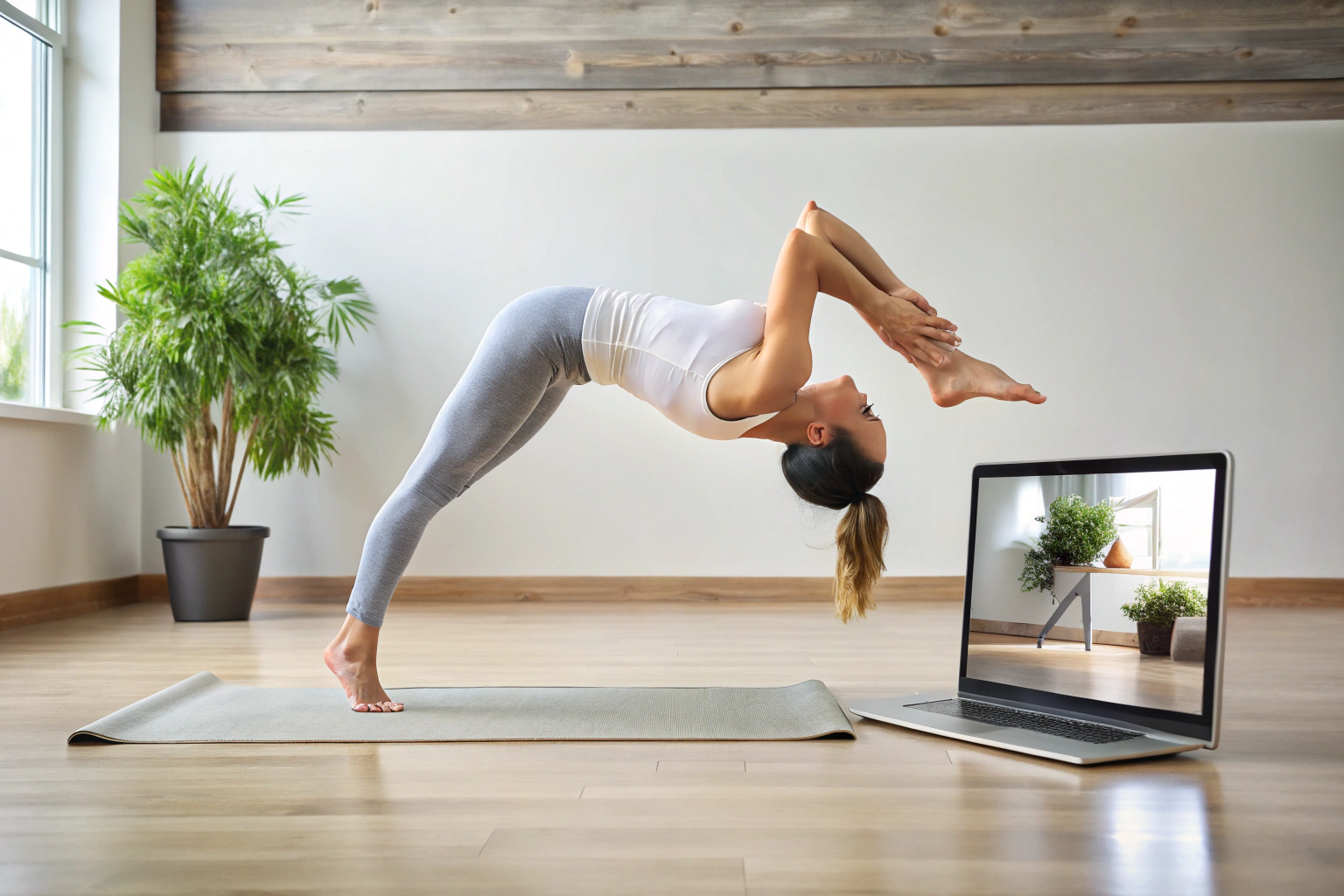 Un video tutorial su uno schermo che mostra una persona che esegue un esercizio di ginnastica di base, come un ponte o una capriola, con attenzione ai dettagli della forma e della postura, senza testo o loghi visibili