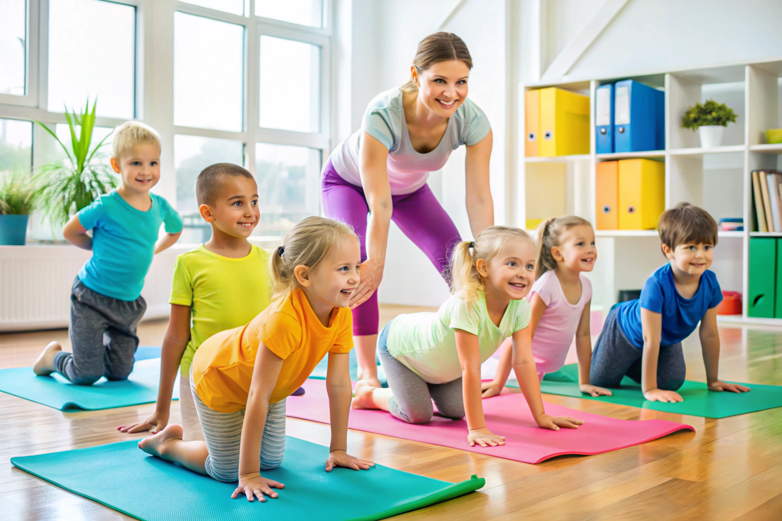 Un gruppo di bambini sorridenti che eseguono semplici esercizi di ginnastica su un tappeto colorato in una sala luminosa, con un istruttore che li guida gentilmente