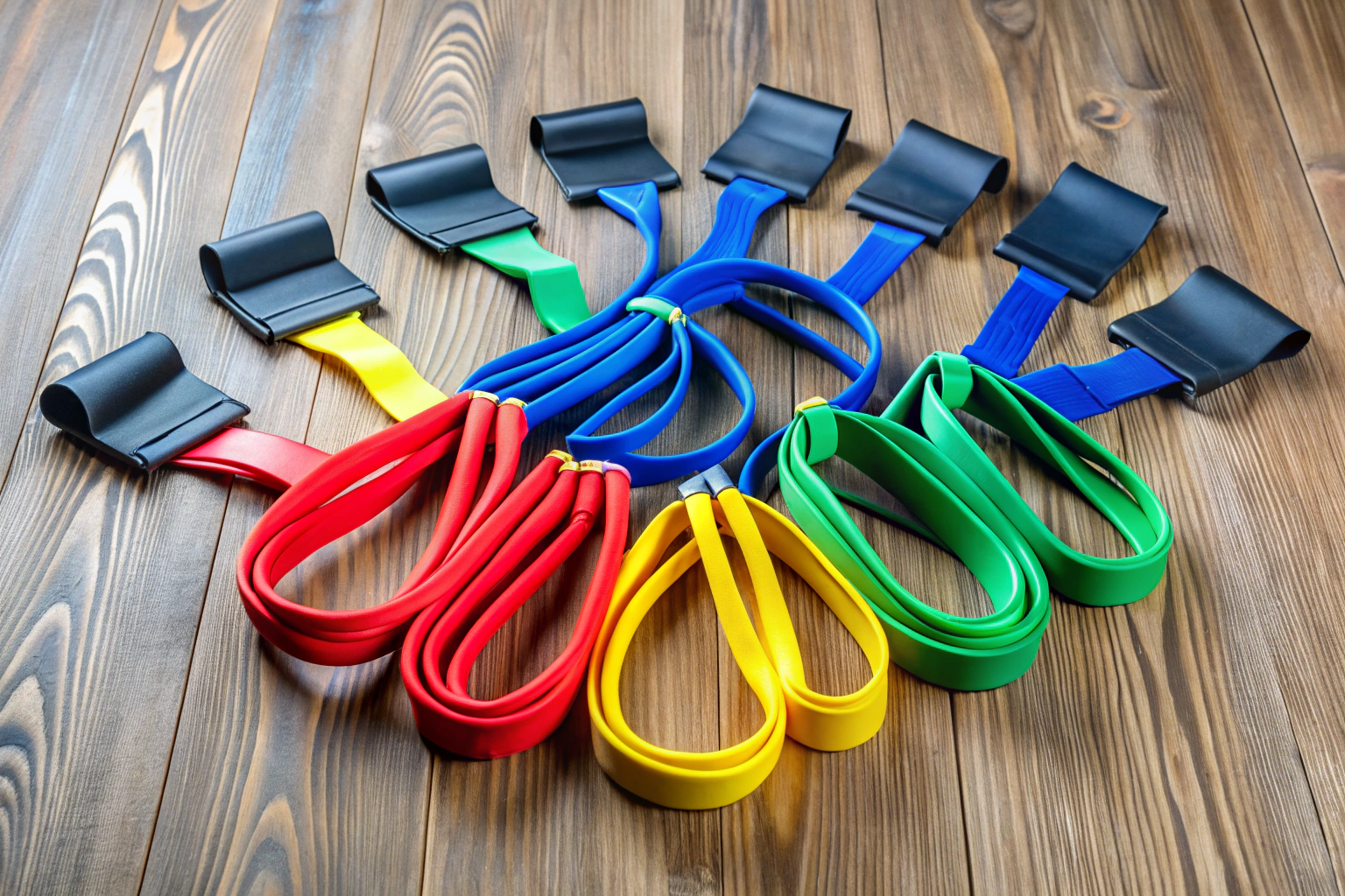 A set of colorful resistance bands laid out on a clean floor, showing different levels of tension without any text or branding