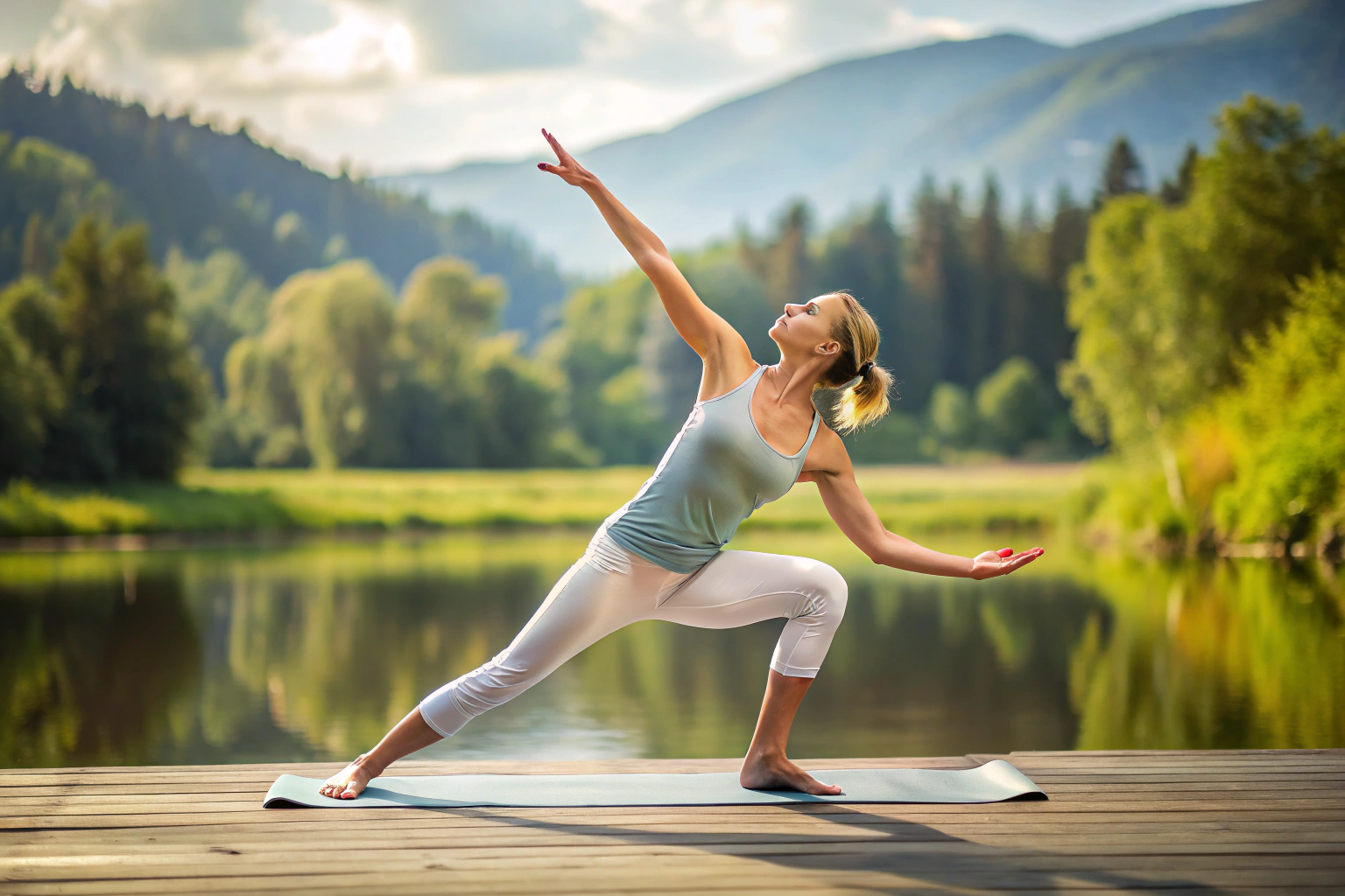 A person performing a yoga pose in a serene setting, demonstrating flexibility and balance without any text or logos
