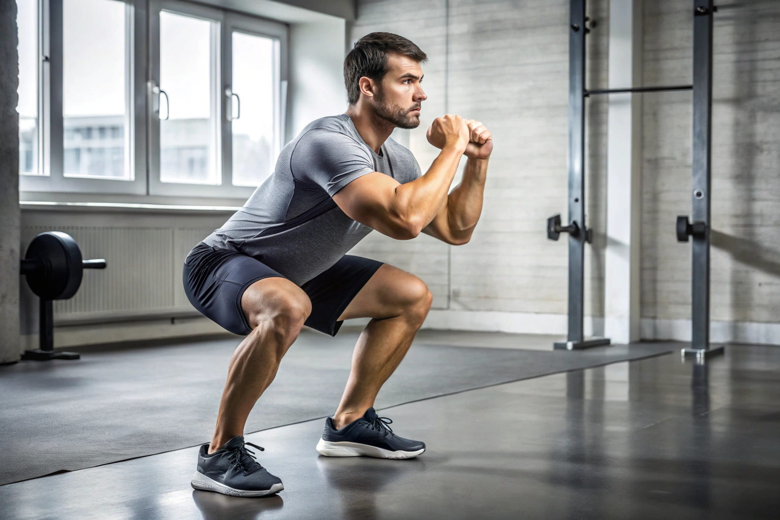 A person performing a basic squat exercise in a neutral gym setting, showing proper form with knees bent and back straight, no text or branding visible